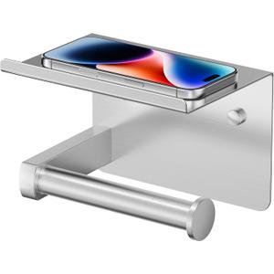 FORIOUS Toilet Paper Holder with Shelf, Adhesive or Screw Wall Mount Toilet Roll Holder for Bathroom, Rustproof 304 Stainless Steel Commercial Toilet Tissue Holder with Storage, Brushed Nickel