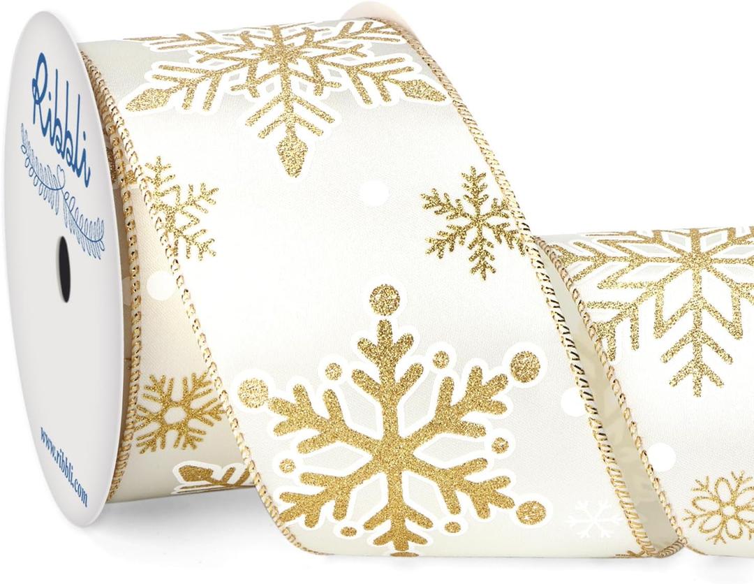 Ribbli Gold Snowflake Wired Ribbon,Ivory Satin with Big Glitter Snowflake Christmas Ribbon for Wreath ChritmasTree Decoration Gift Wrapping Home Decor, 2-1/2 Inch x 10 Yards