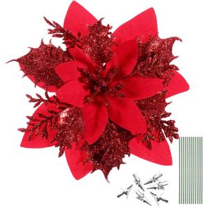 Toyvian Christmas Glitter Artificial Poinsettia Flowers- 12pcs Christmas Tree Flowers Ornaments- Xmas Party Decoration with 12pcs Stems and Clips (Red)