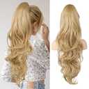 Flufymooz 26" Ponytail Extension, Long Wavy Curly Claw Clip in Ponytail Hair Extensions, Natural Synthetic Hairpiece for Women Daily Wear (Golden Blonde with Highlight)