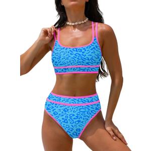 popvil Women's High Waisted Bikini Sets Neon Two Piece 2026 Swimsuit Sporty Adjustable Straps Bathing Suit, S