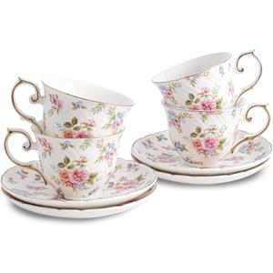 Agyiuns tea cups and saucers ceramic coffee mug 6oz for Coffee, Latte, Cafe Mocha and Tea-Set of 4, white with flowers