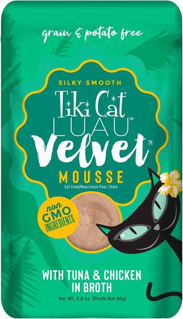 Tiki Pets Tiki Cat Velvet Mousse Grain-Free Wet Food with a Silky-Smooth Texture for Adult Cats & Kittens, 2.8oz, 12pk, Tuna & Chicken, 48005 (EXP 09/28/26)