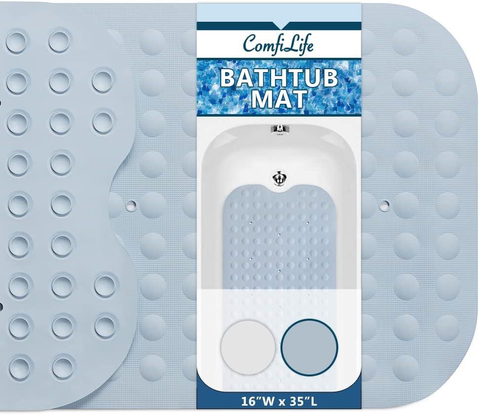 ComfiLife Bath Mat for Bathroom Tub and Shower  Non Slip Extra Large Bathtub Mat with Drain Holes & Suction Cups  Machine Washable Rubber Mats to Keep Bathtub Clean (Light Blue, Bubble 16" x 35")