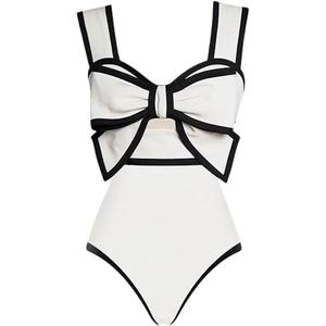 FLAXMAKER Black and White Swimsuit Bow-tie Decor One Piece Bathing Suit, Small