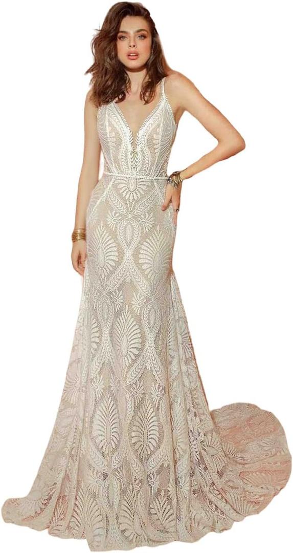 Boho Lace Wedding Dresses for Brides Mermaid Spaghetti Straps Beach Bridal Gowns (8)