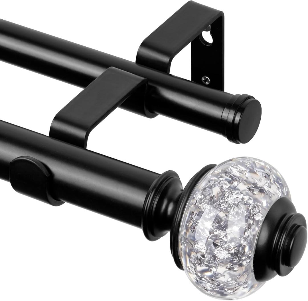 Black Double Curtain Rods 72-144 Inches (6 to 12 Ft), 1 Inch Telescoping Window Curtain Rod with Translucent Finials, USFOOK Long Double Window Rods for Kitchen, Patio, Wall Mounted