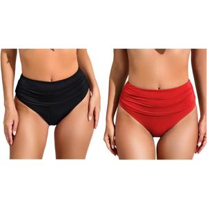 COCOPEAR Full Coverage Bikini Bottoms for Women Mid Rise Bathing Suit Bottoms for Women Ruched Tummy Control Swim Bottoms (Large, 2# Black+red)