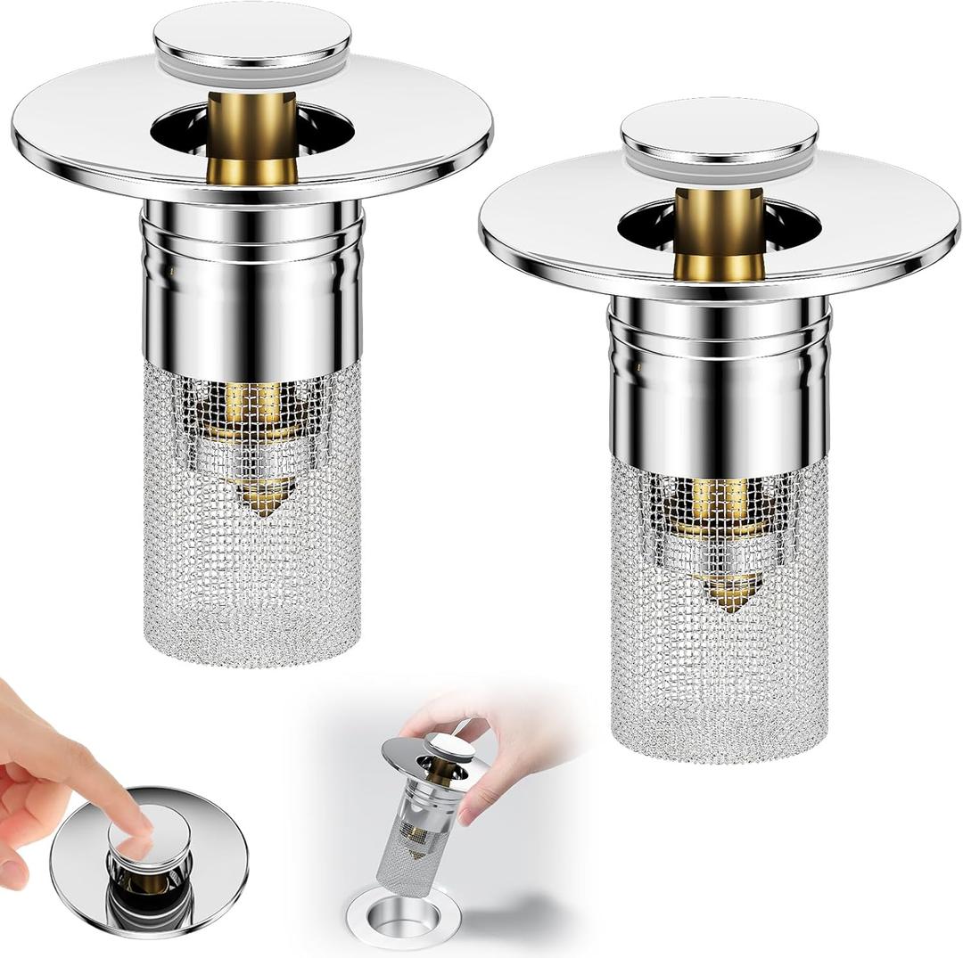 Vodolo 3 in 1 Sink Drain Strainer with Hair Catcher,2PCS Stainless Steel Popup Sink Stopper with Basket for Bathroom Kitchen Shower, Pop-up Bounce Core Floor Basin Drain Filter, Replacement Sink Plug