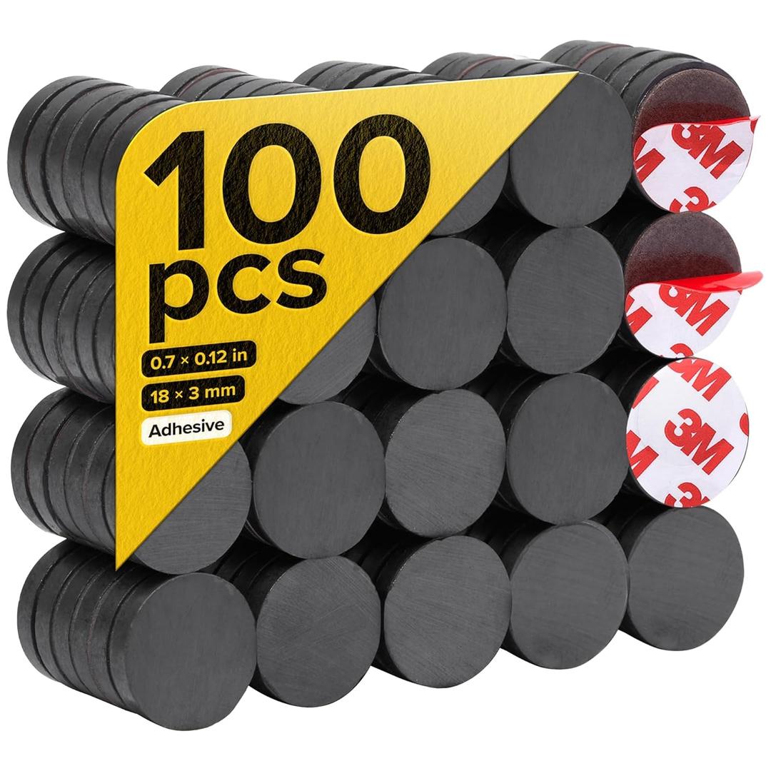 Strong Ceramic Round Magnets With Adhesive Backing (0.7x0.12"/18x3mm, 100 pcs) - Heavy Duty Sticky Magnets, Non-Corrosive, Versatile For Home, Office, Workshop, Whiteboard, Fridge And Hobby Use