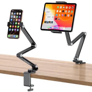 OMOTON Adjustable Tablet Stand for iPad, Desk Phone Holder for Bed with 2 Clamps, Flexible Aluminum Alloy Mount with 360 Rotation for 4-13" Devices (Black)