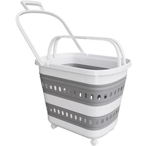 TECHMILLY Collapsible Plastic Laundry Basket Hamper with Wheels, 45L Portable Rubber Clothes Basket, Pop Up Storage Container/Organizer with Hanging Basket for Washing & Storage, Grey
