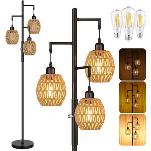 ROTTOGOON Dimmable Boho Floor Lamp - 3 Light Farmhouse Rattan Floor Lamps for Living Room, Tree Floor Lamps with Bohemian lampshades, Rustic Standing Tall Lamps for Bedroom, Office, 68", 6W, Black