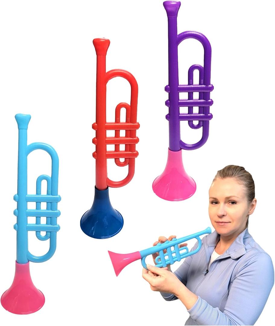 Colorful Plastic Trumpets (13 Inch) Noisemaker Music Toys for Kids Instruments Noise Makers for Parties and Events, Cool Birthday Party Favors, Sports Celebrations (3 Trumpets (3 Colors))