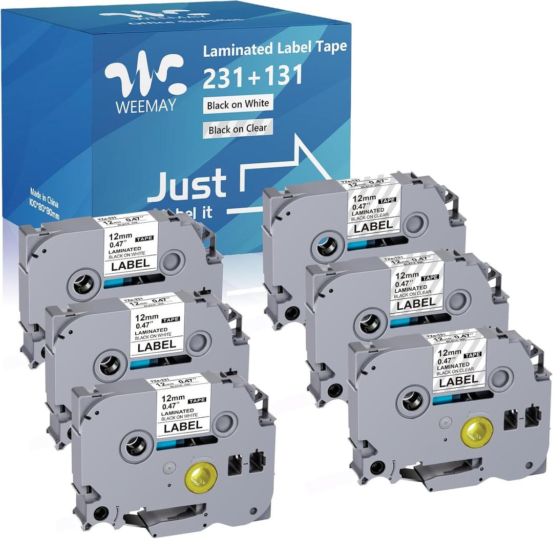 Weemay 6 Pack 12mm 0.47 Inch TZe TZ Label Compatible for Brother Laminated Black on Clear and White Tape TZe-131 for P-Touch PTD220 PTD600 PT-D410 PTH110BP Label Maker, 1/2 inch x 26.2 ft