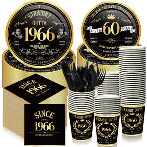 240 Pcs Black 60th Back in 1966 Birthday Decorations Party Tableware Set Vintage Birthday Party Dessert Plates Napkins Forks Gold Dinnerware Favors for Men Service 30 Guests