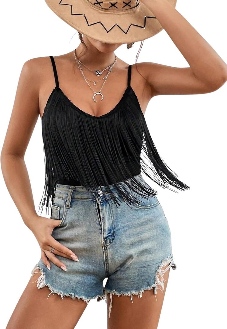 Ella Lust Cowgirl Fringe Bodysuit for Women - Western Country Concert Outfits Boho Tassel Jumpsuit Rave Festival Tops Romper (X-Large, Black)
