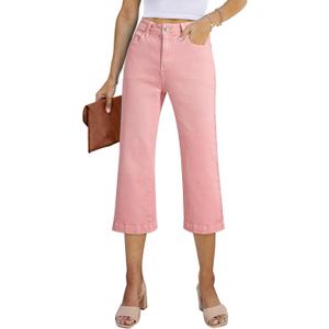 Sidefeel Women's Capri Jeans High Waisted Stretchy Wide Leg Denim Pants Size 10 Pink
