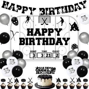 Ice Hockey Birthday Decorations for Boys Hockey Birthday Cupcake Cake Toppers Happy Bday Backdrop Game Day Party Decors for Sports Bday Party Supplies