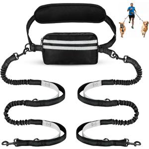 Hands Free Dog Leash with Pouch, Dual Attachment for Two Dogs, Retractable Bungee with Double Padded Handles, Waist-Mounted for Running,Walking, Jogging Friendly Dog Accessories (Black/Silver Gray)