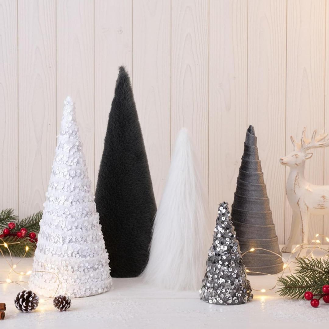 Thyle 5 Pcs Christmas Cone Tree Centerpieces, Glitter Christmas Cone Tree Table Decorations Mantel Tray Tabletop Centerpiece Crafts for Xmas Party Winter Wedding Home Decor, 4 Sizes(White, Grey)