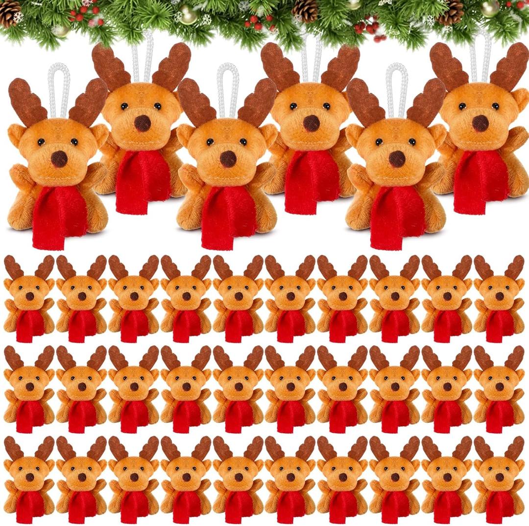36 Pcs Mini Christmas Elk Soft Stuffed Plush Toy with Red Scarf Brown Nose Plush Animal Doll Gifts for Xmas Birthday Party Gifts