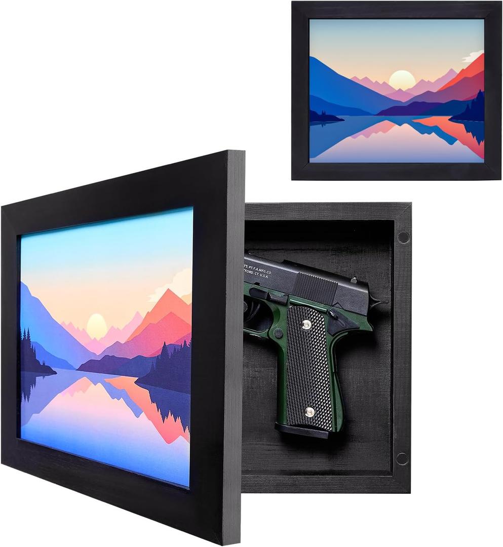Hidden Gun Storage, Hidden Gun Safe for Pistols with Magnetic, Wooden Picture Frames for Handgun, Hidden Storage Gun Safe Home Furniture, Concealment Furniture Picture Frame Box, Black