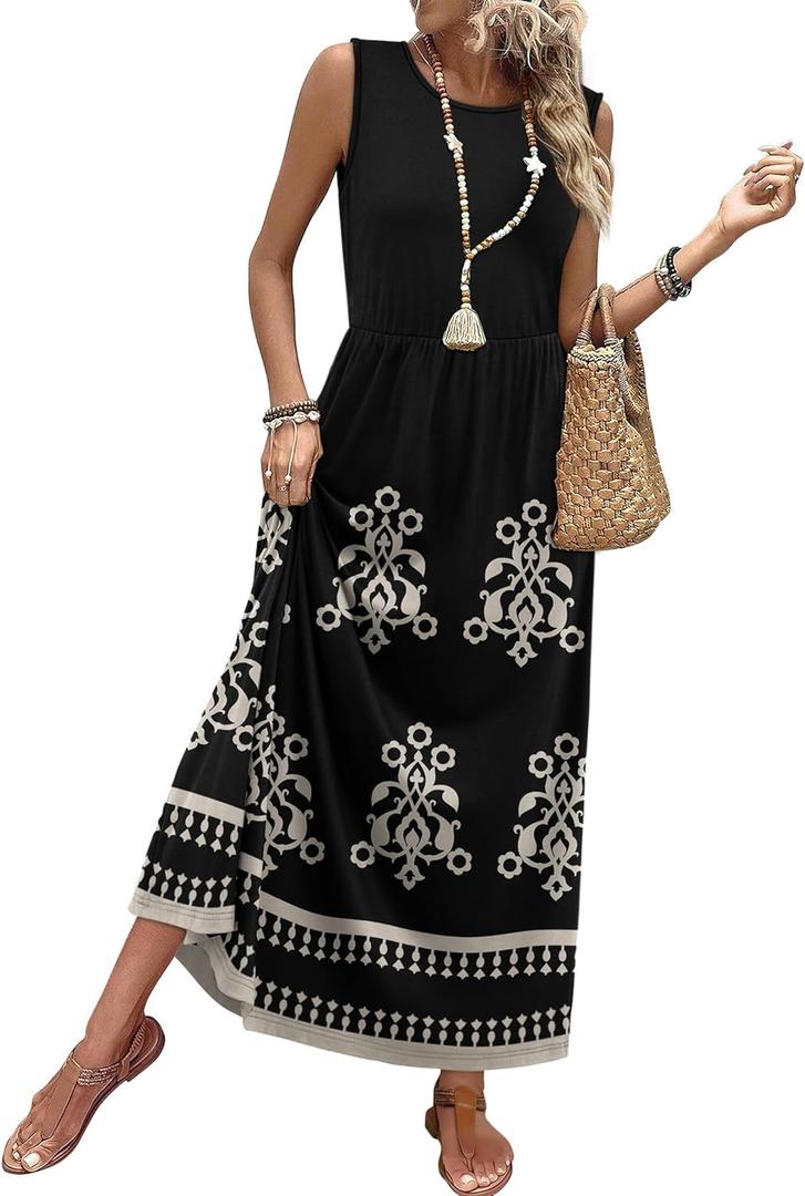 WIHOLL Summer Dresses for Women 2026 Maxi Dresses Long Flowy A Line Sleeveless Sundresses with Pockets, Small