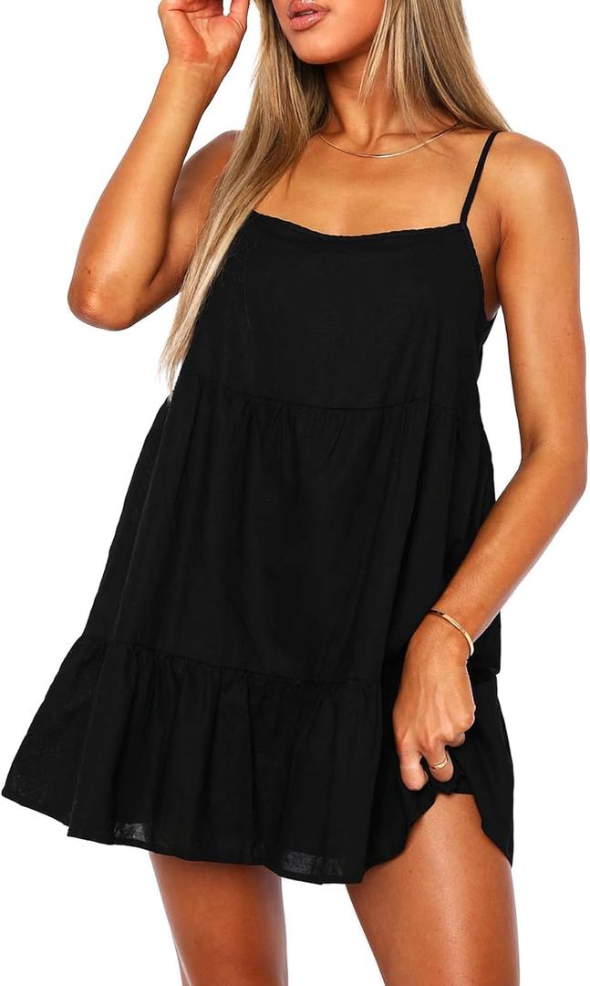 OZICERD Flowy Short Sundress Mini Babydoll Dresses for Women Going Out Tiered Ruffle Beach Spaghetti Strap Swing Dress Cute (Large, #2 Black)