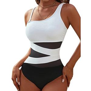Blooming Jelly Women's Sexy One Piece Bathing Suits One Shoulder Swimsuits Slimming Mesh Swimwear(Medium,White and Black)