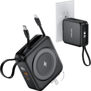 6-in-1 Magnetic Portable Charger 10000mAh 22.5W Fast Charging with AC Wall Plug Built-in USB-C & Lightning Cables for iPhone 17/16/15/14/13/12, Android & Samsung (Black)