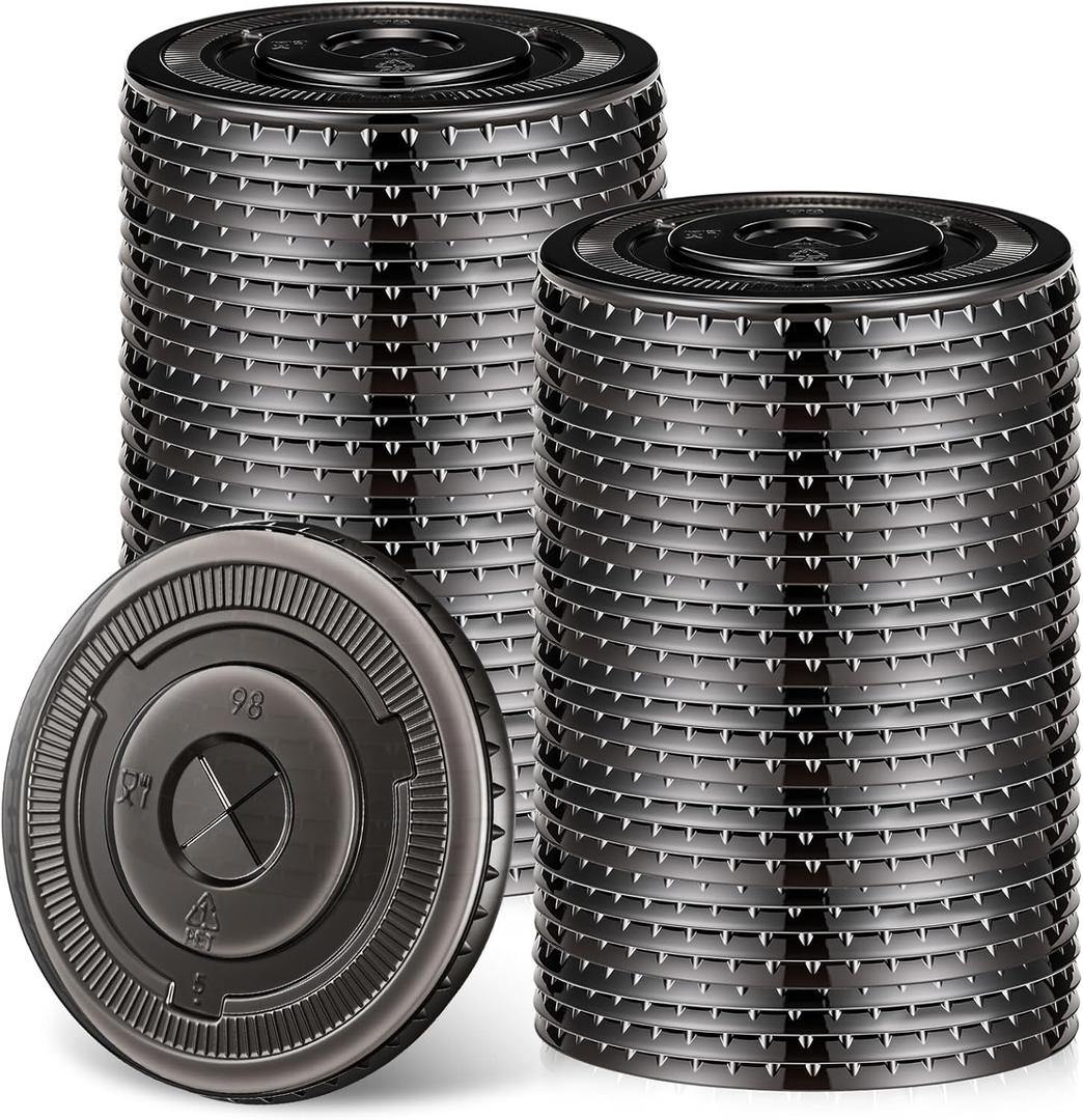 50 Pcs Clear Plastic Lids Black 98mm Disposable Coffee Cup Flat Lids Fits 12-24 oz Cup Disposable Lid for Plastic Cups Juice Wedding Birthday Holiday Iced Coffee Party Supplies