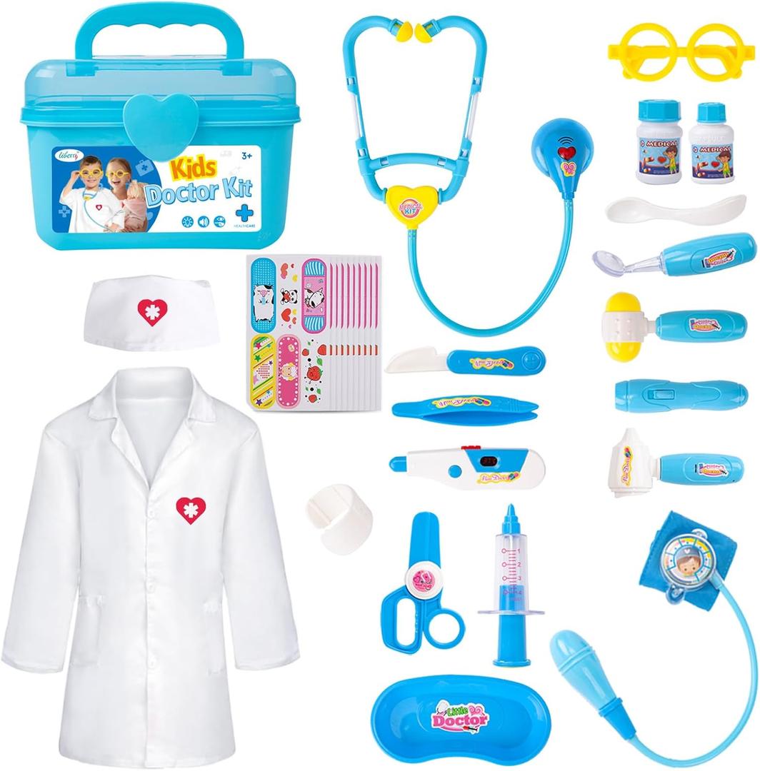 Liberry Doctor Kit for Toddlers 3 4 5 Years Old, Kids Doctor Play Set for Girls Boys Toy, Pretend Play Medical Kit with Stethoscope & Costume for Birthday Gift Blue