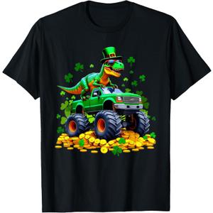 Kids St Patricks Day 2026 - Dinosaur Riding Monster Truck T-Shirt 4T