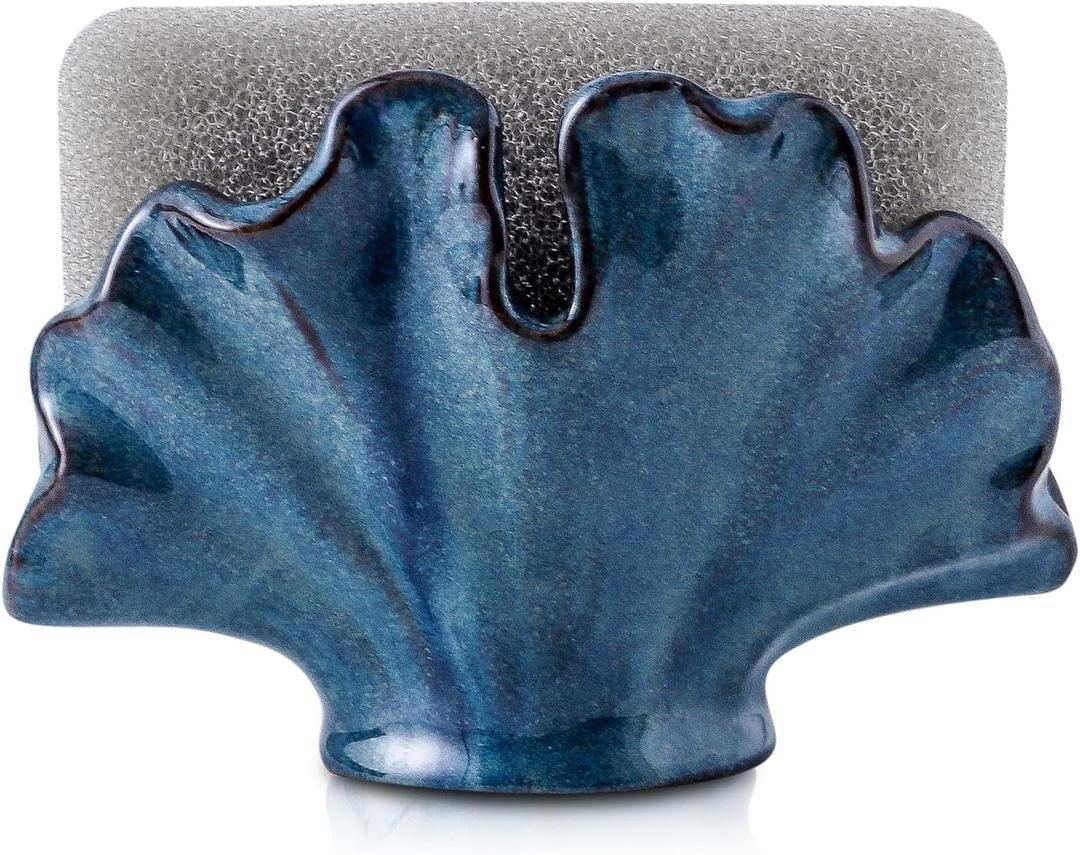 Uiddo Ceramic Sponge Holder, Sponge Holder for Kitchen Sink, Compact Sink Caddy Organizer-Scouring Pad and Dish Sponge Holders, Farmhouse Kitchens Decor Cute Kitchen Gadgets Accessories(Blue)