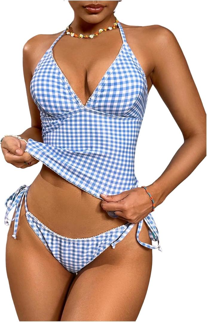 MakeMeChic Women's Tankini Swimsuits Cute Cheeky Swimsuit Plaid Halter Tankini Bathing Suits (Blue, M)