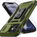 DEERLAMN Case for iPhone 12/12 Pro with Slide Camera Cover+Screen Protector(2 Packs),Rotated Ring Kickstand Military Grade Shockproof Protective Cover-Olive Green