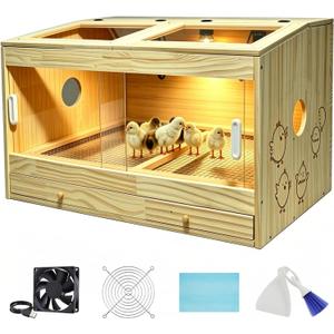 Large Wooden Chicken Brooder Box, Upgraded Drawer Manure Separation, Up to 30 Chicks, All-in-One Brooder with Heating Lamps, Ventilation Fan, Cleaning Tools and Thermometer, 31.5" × 15.7" × 19.6"