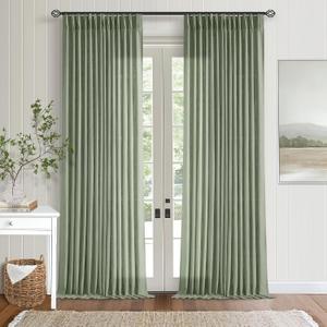 Green Linen Semi Sheer Curtains 90 Inches Long for Living Room Bedroom Light Filtering Sage Green Textured Burlap Pinch Pleated Curtains 90 Length Hooks Rings Back Tab for Sliding Door 2 Panels