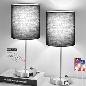 Lynnoland Set of 2 Touch Control Table Lamps with 2 USB & AC Outlet, 3-Way Dimmable Bedside Nightstand Lamps for Bedroom Living Room Nursery, 800 Lumens 5000K Daylight Bulbs Included