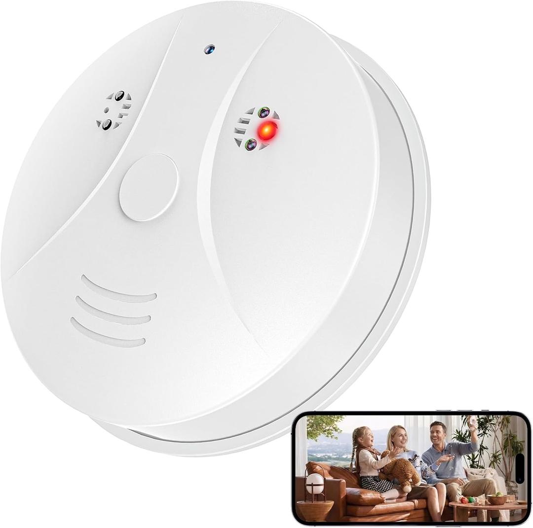 1080P HD Wireless WiFi Indoor Camera Smoke Detector for Home Security with App Control & Motion Detection,Outdoor Camera with Night Vision & Loop Recording for Office/Garage/Shop,Easy to Use & Install (White), EXP: 10 Years After Installation