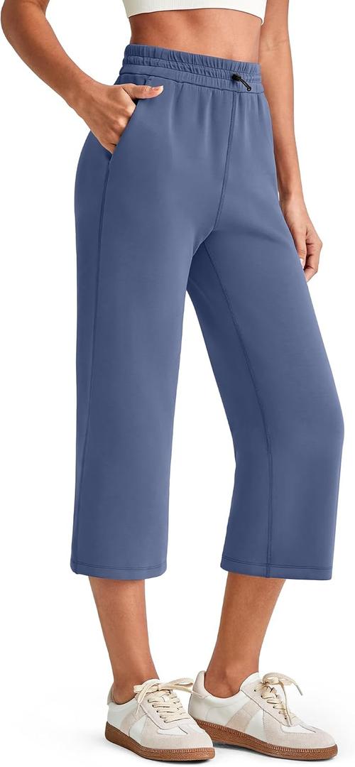 G4Free Smoofit Wide Leg Capri Pants for Women Adjustable Shockcord High Waist Summer Travel Casual Pants with Pockets (Blue, XL)