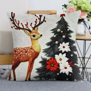 Christmas Throw Pillow Covers,17.5''x17.5'' Linen Xmas Deer & Tree Plaid Cushion Cover Decorative Square Pillowcases with Invisible Zipper for Living Room Sofa Bedroom(Style 1)