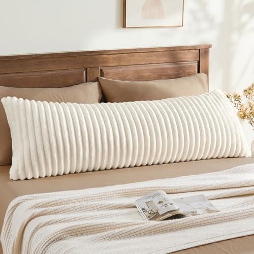 BEDELITE Fluffy Faux Fur Body Pillow Cover with Zipper, Luxury Plush 3D Striped Pillow Cover 20x54 Inches, Super Soft and Cozy Long Body Pillow Pillowcase for Bed Sofa Couch Room Decor(Cream White)