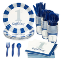 Juvale 144-Piece First Birthday Decorations for Boy - Blue & White Nautical Theme - With 1st Birthday Plates, Napkins, 9oz Cups & Cutlery - Disposable Party Supplies - Serves 24