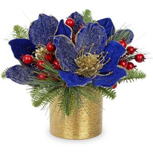 13 inch Blue Christmas Table Centerpiece 5" Glitter Magnolia Flower and Berries Fir Greenery Artificial Christmas Floral Centerpiece in Silver Ceramic Pot Tabletop Xmas Table Arrangement Decor