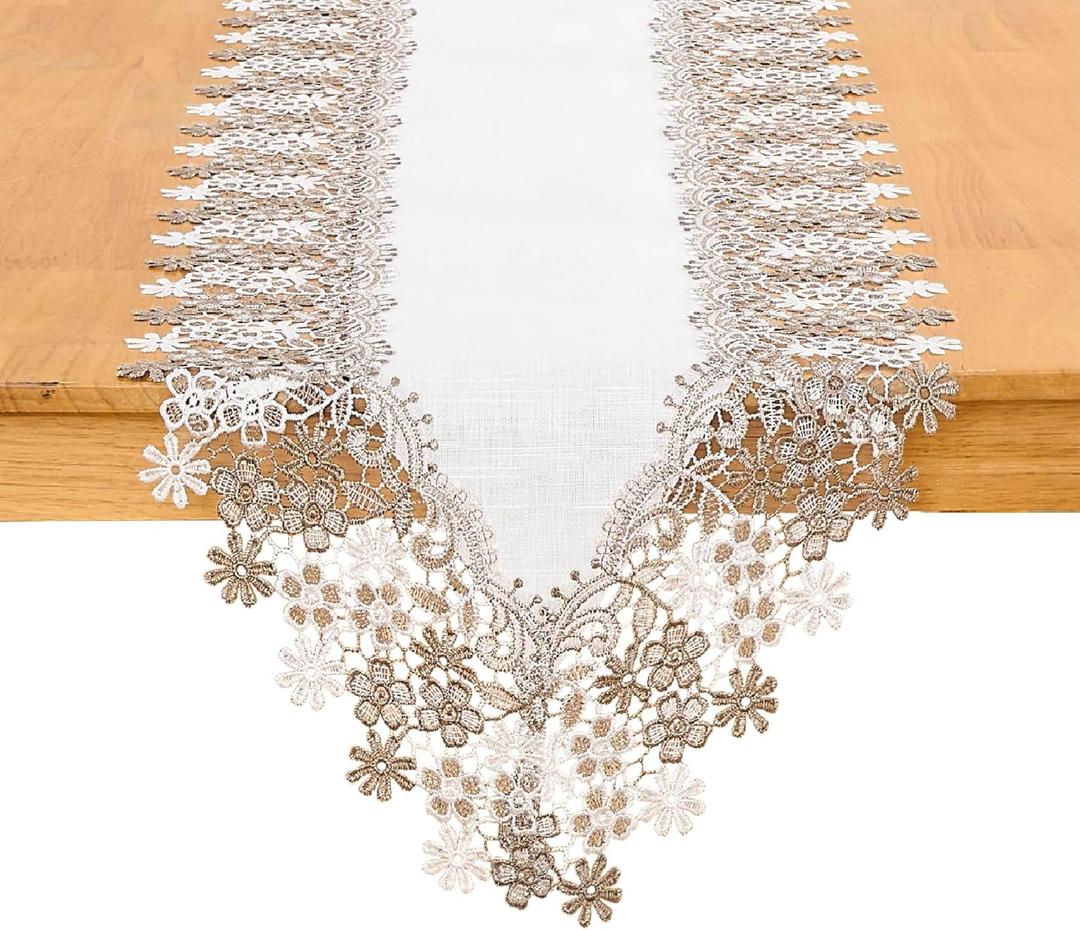 White Beige Floral Lace Table Runner Dresser Scarf 36 inches Long for Kitchen Dining Coffee Table Parties Wedding Home Decor (White, 16” x 36”)