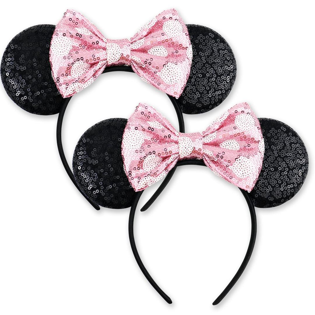 Ears Mouse Ears Headband with Sequin Bows, Headbands for Women Halloween Costume, Headwear Hair Accessories -2 pack Black and Pink