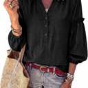 Womens V Neck Button Down Tops Puff Long Sleeve Tunic Blouse Dressy Loose Fit Basic T Shirt Business Casual Work Tops (Black, S)
