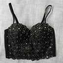Women's Lace Rhinestone Bustier corset Wedding Party Crop Top Bra Vest (Black, S)